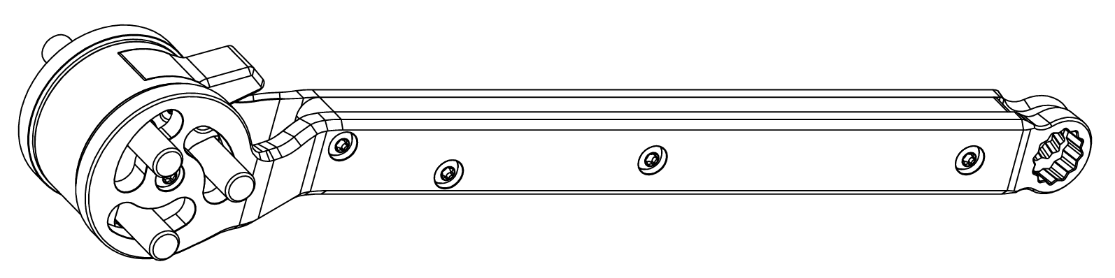 Technical wireframe showing the Trevor's Wrench pin mechanism and handle